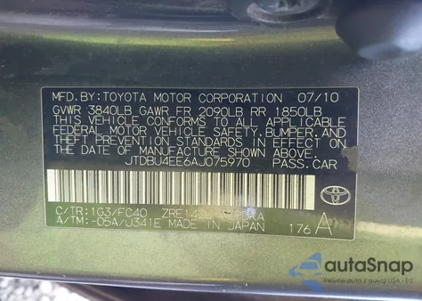 2010 Toyota Corolla Le from USA, damaged, VIN JTDBU4EE6AJ075970
